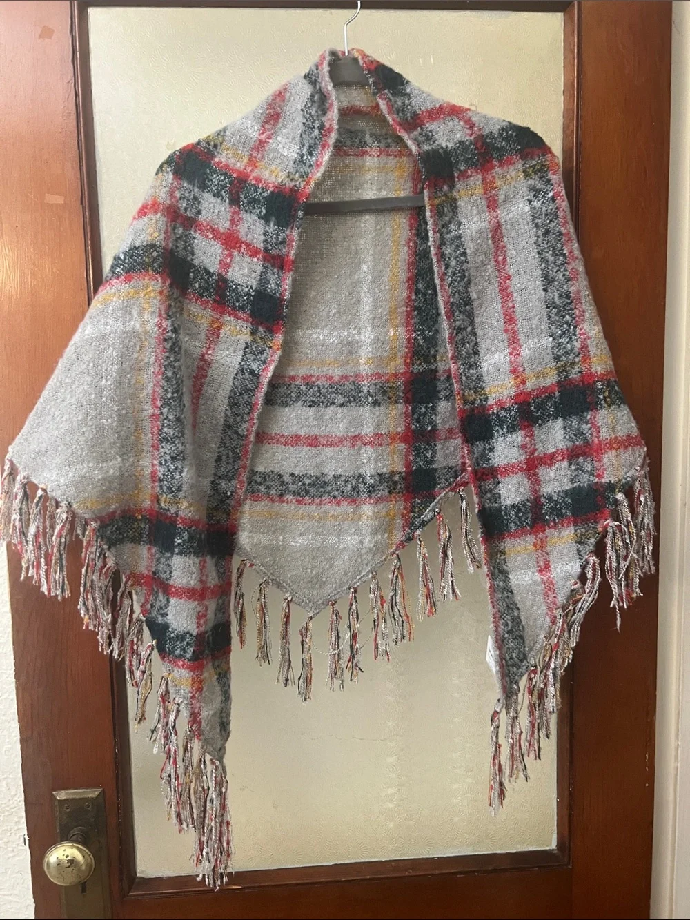 Free People Gray Plaid Fringe Wrap with Red & Yellow Accents. NWT
